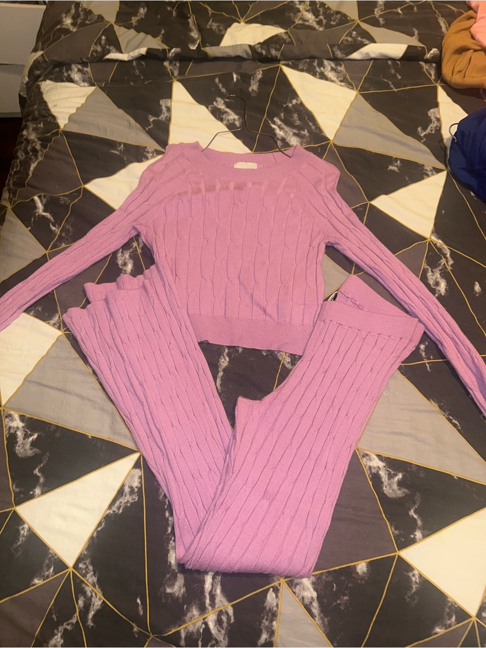 Pink Rose Lavender Cable-Knit Crewneck Sweater Set